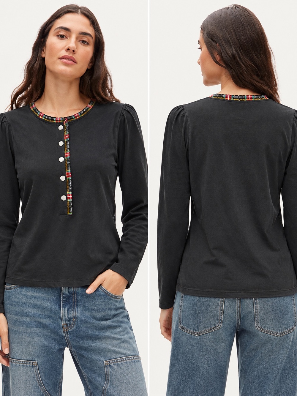 J.Crew Women’s Black Plaid Ruffle Trim Jeweled Button Top XL NWT